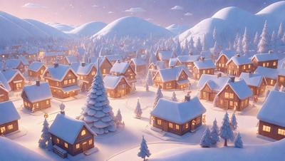 The primary subject of the image is a snow-covered village with houses and trees. The setting is a winter landscape, and the visual style is a digital art or illustration. The dominant colors are white and gray, creating a serene and peaceful atmosphere.